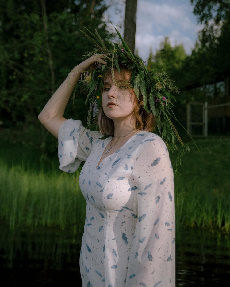 Woman With Headdress Made Of Green Leaves 