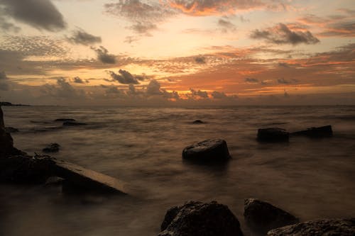 岩, 岸, 日没の無料の写真素材