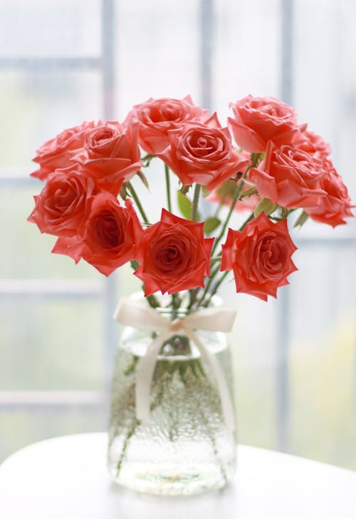 Free A Bunch of Pink Roses in Clear Glass Vase Stock Photo