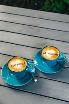 Two cappuccino cups with latte art on a wooden table outdoors. Text reads 'KAFFEE? JA, GERNE'.