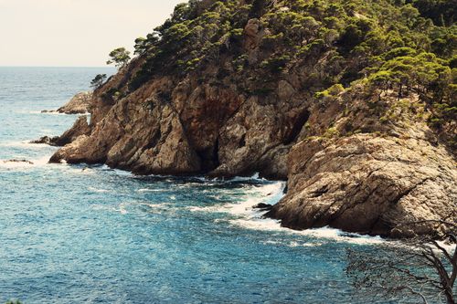 Free Lush green trees and rocky cliffs by the blue Mediterranean Sea. Stock Photo
