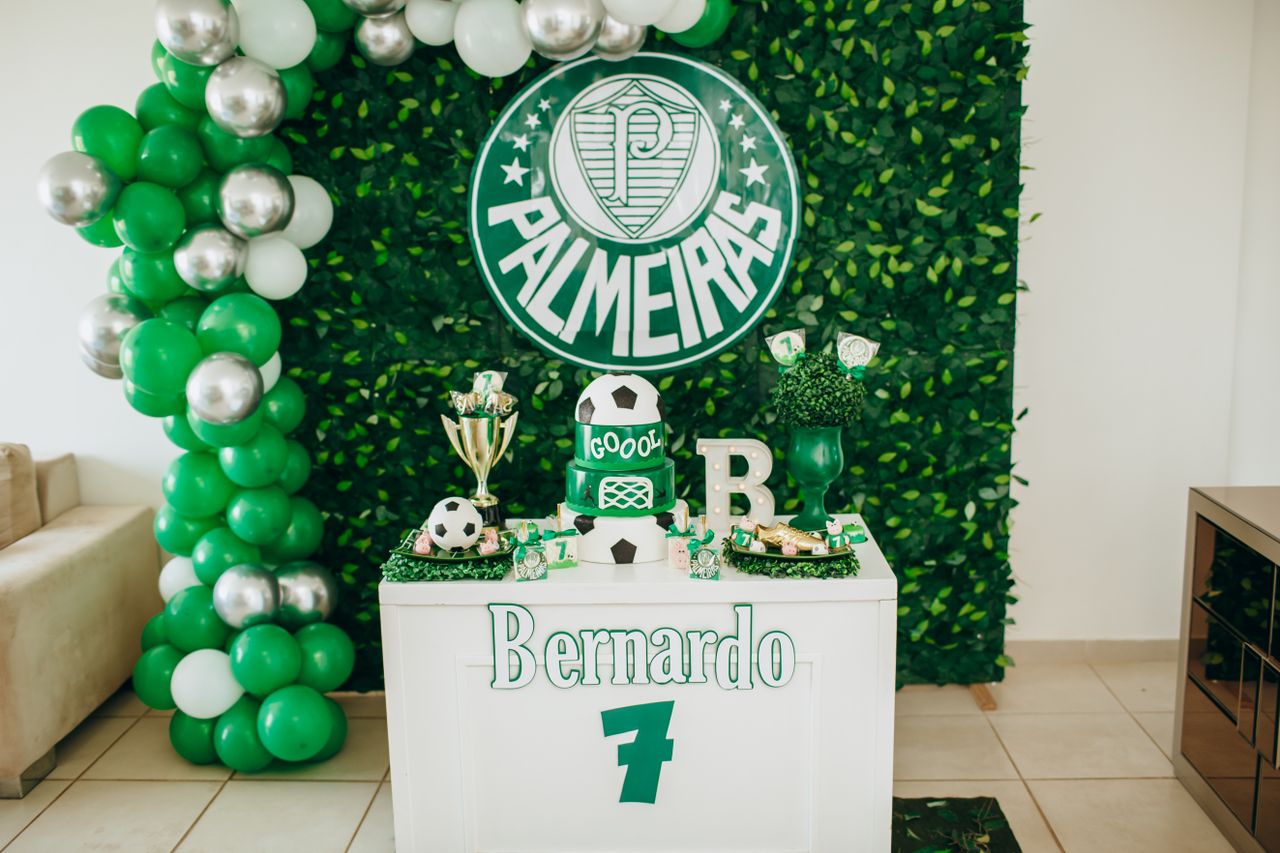 vibrant football themed birthday party setup with palmeiras decoration