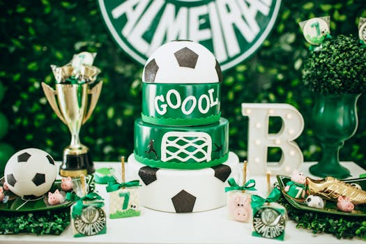 Vibrant soccer-themed birthday cake setup featuring trophy and decorations in lush green setting.