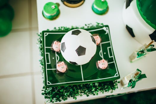 High-angle shot of a soccer-themed birthday celebration setup with decorative cake.