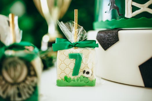 Soccer-themed birthday cake and treats featuring green decorations and a number seven.