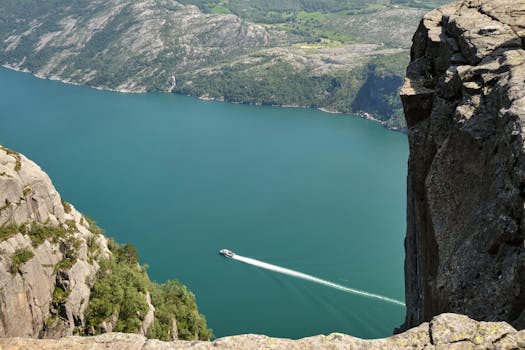 A breathtaking aerial view of Lysefjord in Norway, showcasing cliffs and serene waters.