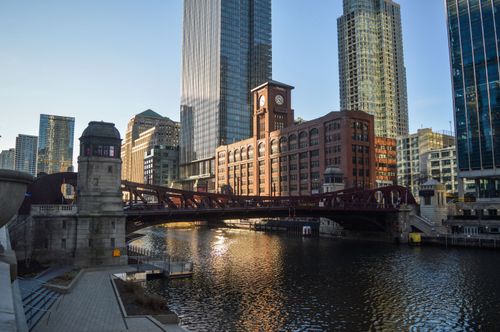 Free Skyline of Chicago with modern skyscrapers and Chicago River under daylight. Stock Photo
