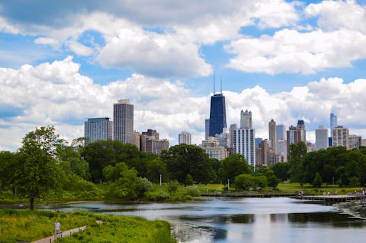 View of Chicago skyline and lake from Lincoln Park with lush greenery and blue skies.