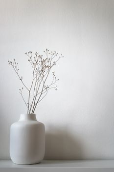 Aesthetic minimalist photo of a white vase with delicate dry stems against a neutral backdrop.