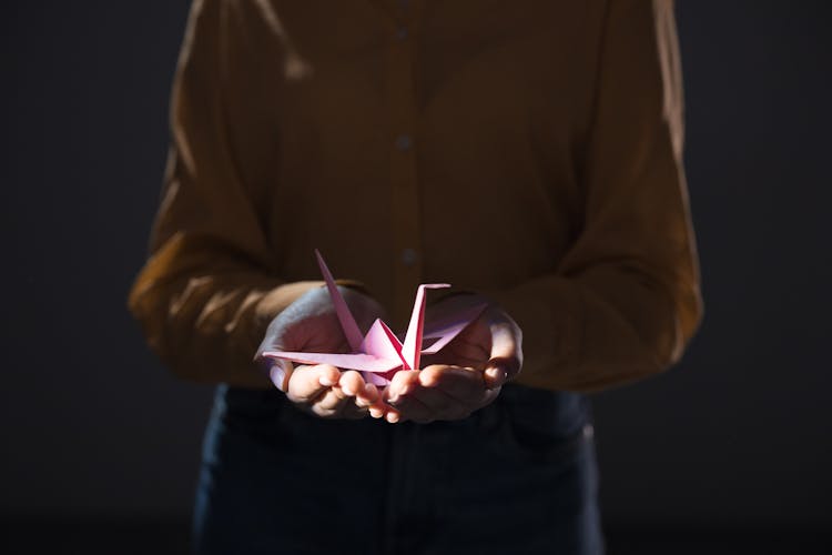 A Person In Brown Long Sleeve Shirt Holding Pink Origami Swan