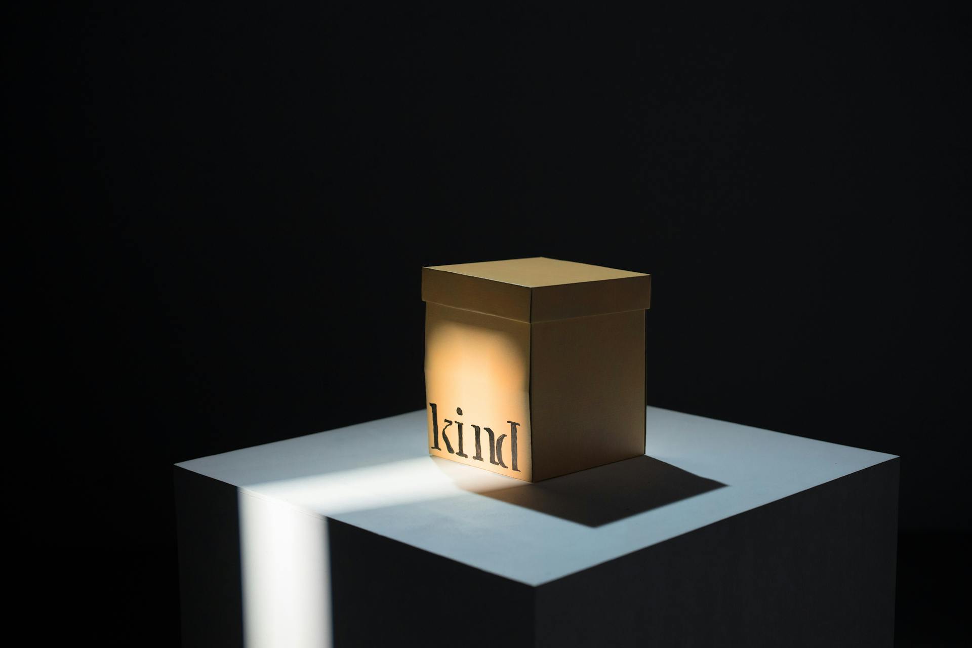 A cardboard box labeled 'kind' under focused light, set against a dark backdrop.
