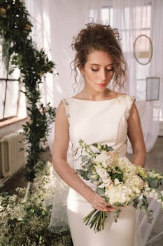 Beautiful bride in a wedding dress holding a white bouquet, indoors with elegant decor.