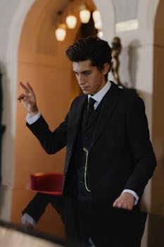 Stylish man in a black suit striking a pose inside an elegant setting.