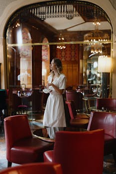 Waitress in a vintage style restaurant interior holding a cup, surrounded by red chairs and classic decor.