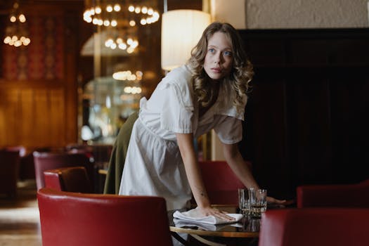 A female waitress wipes a table in a stylish restaurant setting, focused on her task.