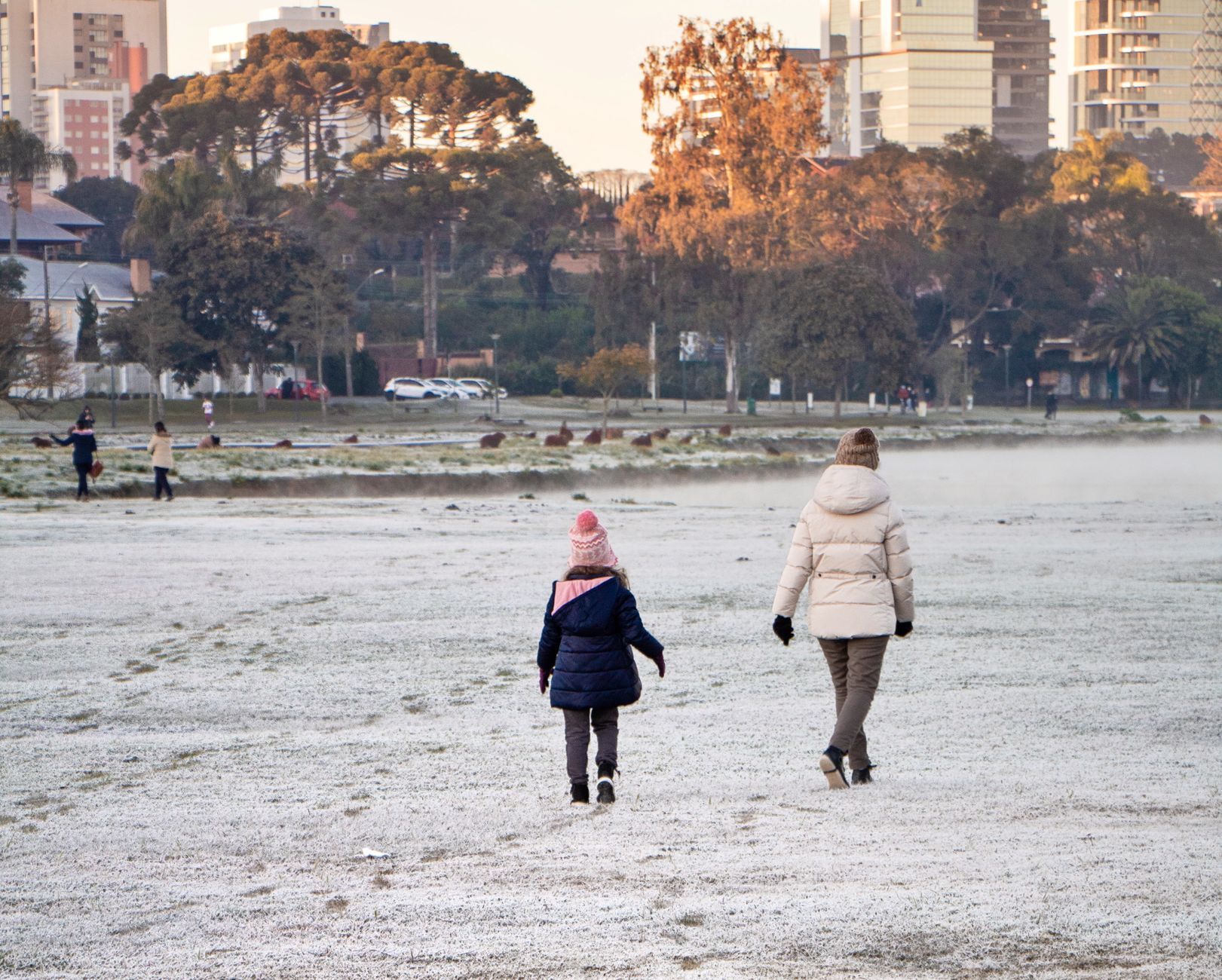 An adult and child walking through a frosty park in winter.
