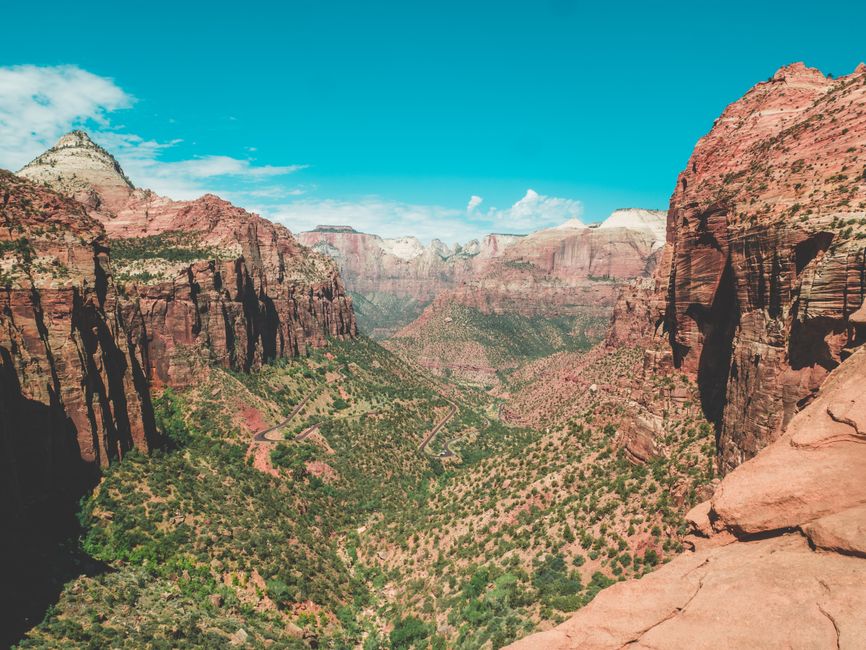 Breathtaking aerial view of Zion National Park's vibrant canyons under a clear blue sky.