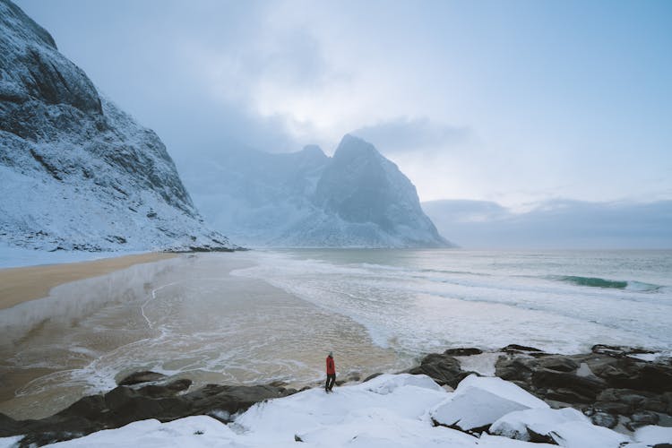 Person Wearing Red Jacket On Seashore