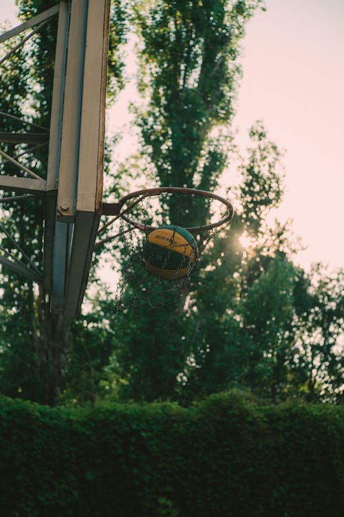 Green and Yellow Ball in Basketball Hoop