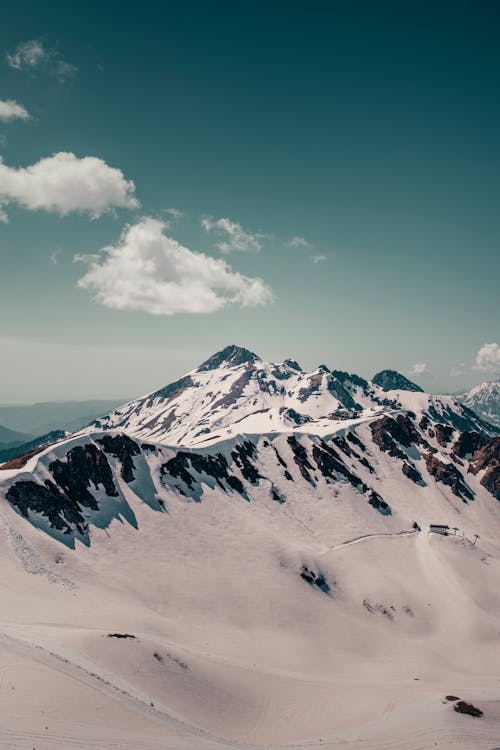 Snow Covered Mountain Under a Blue Sky