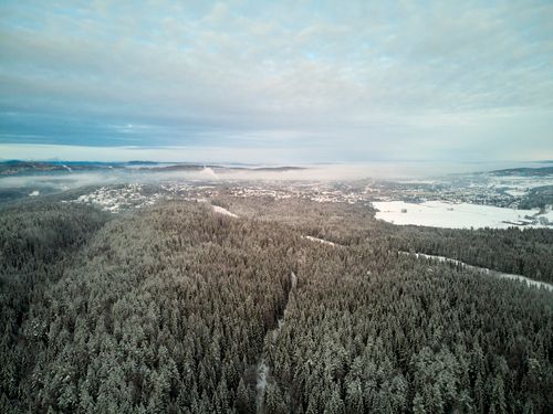 Free Drone view of snowy forest near Lørenskog, Norway during winter. Clear skies and expansive woodland create a serene scene. Stock Photo