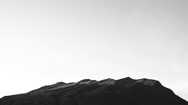 Black and white image of scenic mountains under a vast sky, showcasing New Zealand's natural beauty.
