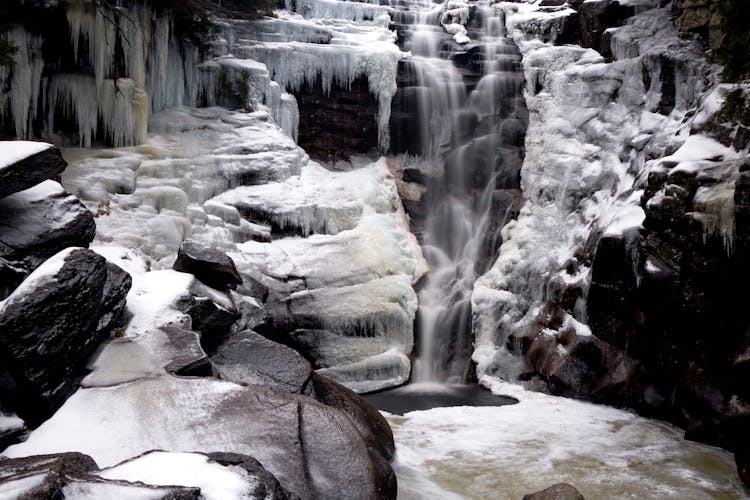 Snow And Icicles Around A Waterfall 