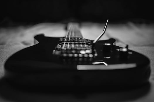 Artistic black-and-white close-up of an electric guitar with shallow depth of field.