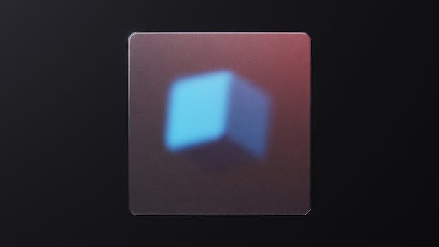 3D render of a blue cube with digital art effects, providing ample copy space on a dark background.