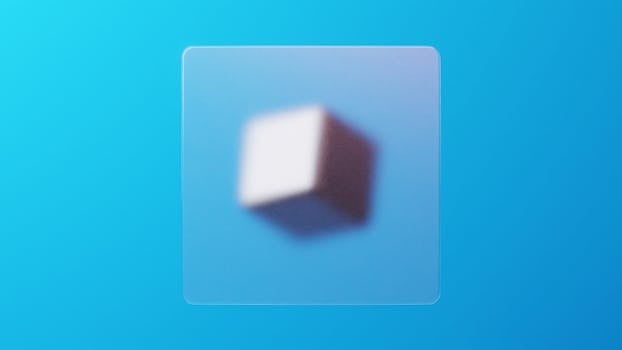A digital art piece featuring a blurred cube floating on a vibrant blue background.