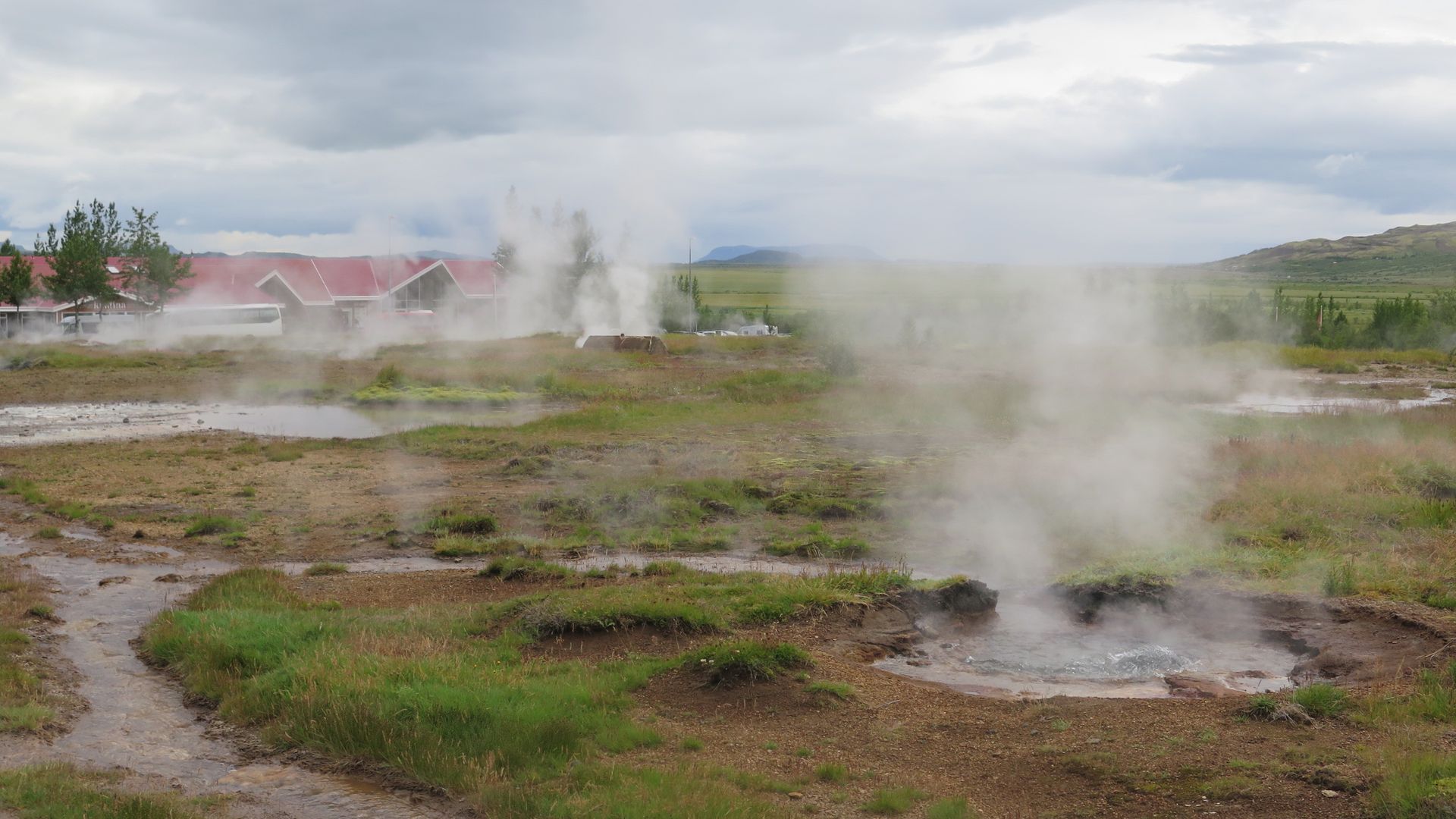 Steam rises from geothermal hot springs in a lush Icelandic landscape.