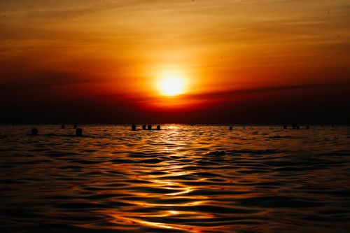 Free A breathtaking ocean sunset with silhouetted swimmers, capturing serene and vibrant hues. Stock Photo
