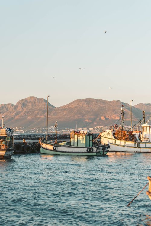 Free Peaceful scene of fishing boats docked at sunset against a mountain backdrop. Stock Photo