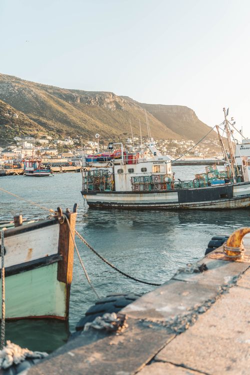 Free Scenic view of fishing boats docked in a tranquil harbor at sunset with mountains in the background. Stock Photo