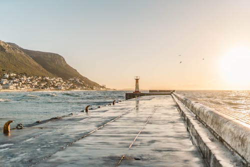 Foto profissional grátis de alvorecer, cais, farol