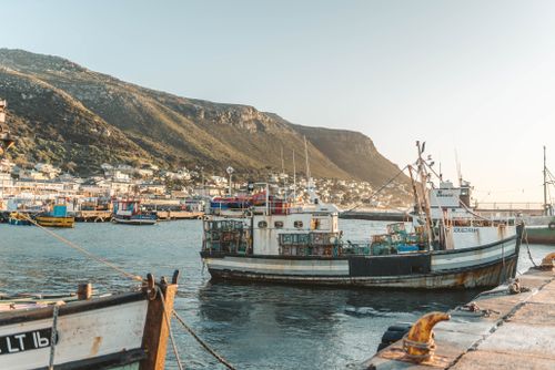 Free Serene harbor view with fishing boats docked at sunrise, mountainous backdrop. Stock Photo