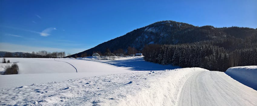 白雪皑皑的山脉和宁静的雪地道路构成了令人惊叹的冬季景色