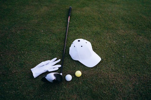 Close-up of golf club, balls, glove, and cap placed on green grass, perfect for a golf day.