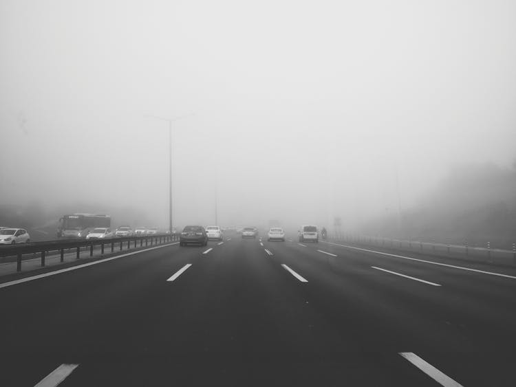 Grayscale Photo Of Cars On Driveway During Fog