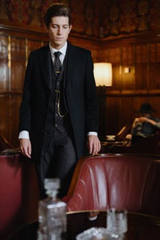 A sophisticated man in a classic suit stands in a vintage room with leather chairs and retro decor.