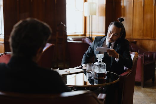 A businessman in a suit reviews documents over a whiskey in a classic restaurant setting.