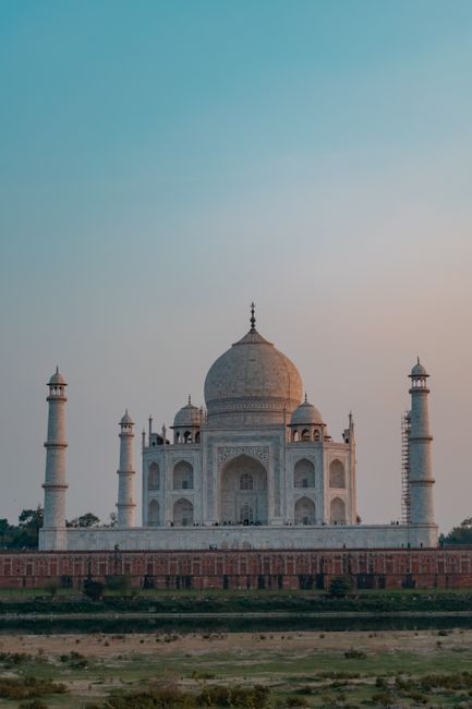Stunning view of the Taj Mahal captured during sunset, highlighting its architectural beauty.