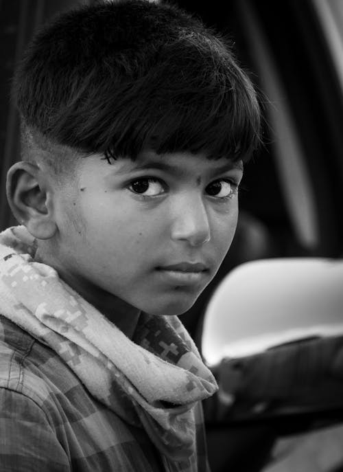 Boy in Polo Shirt Greyscale Portrait · Free Stock Photo