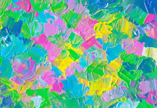 Bright and colorful abstract painting featuring bold acrylic brushstrokes in various hues.