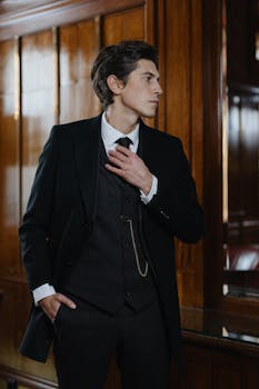 A stylish man in a formal black suit poses thoughtfully in a wooden-paneled room.
