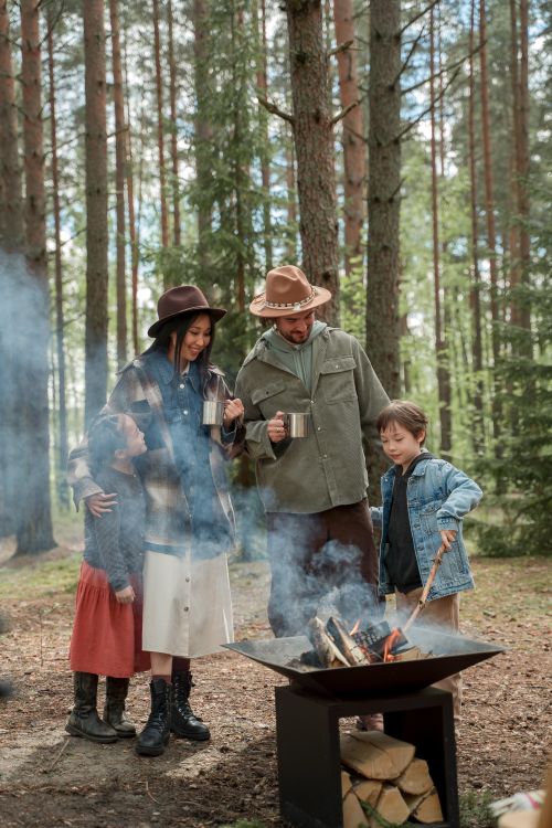 Free A family bonding around a cozy campfire in a serene woodland setting. Stock Photo