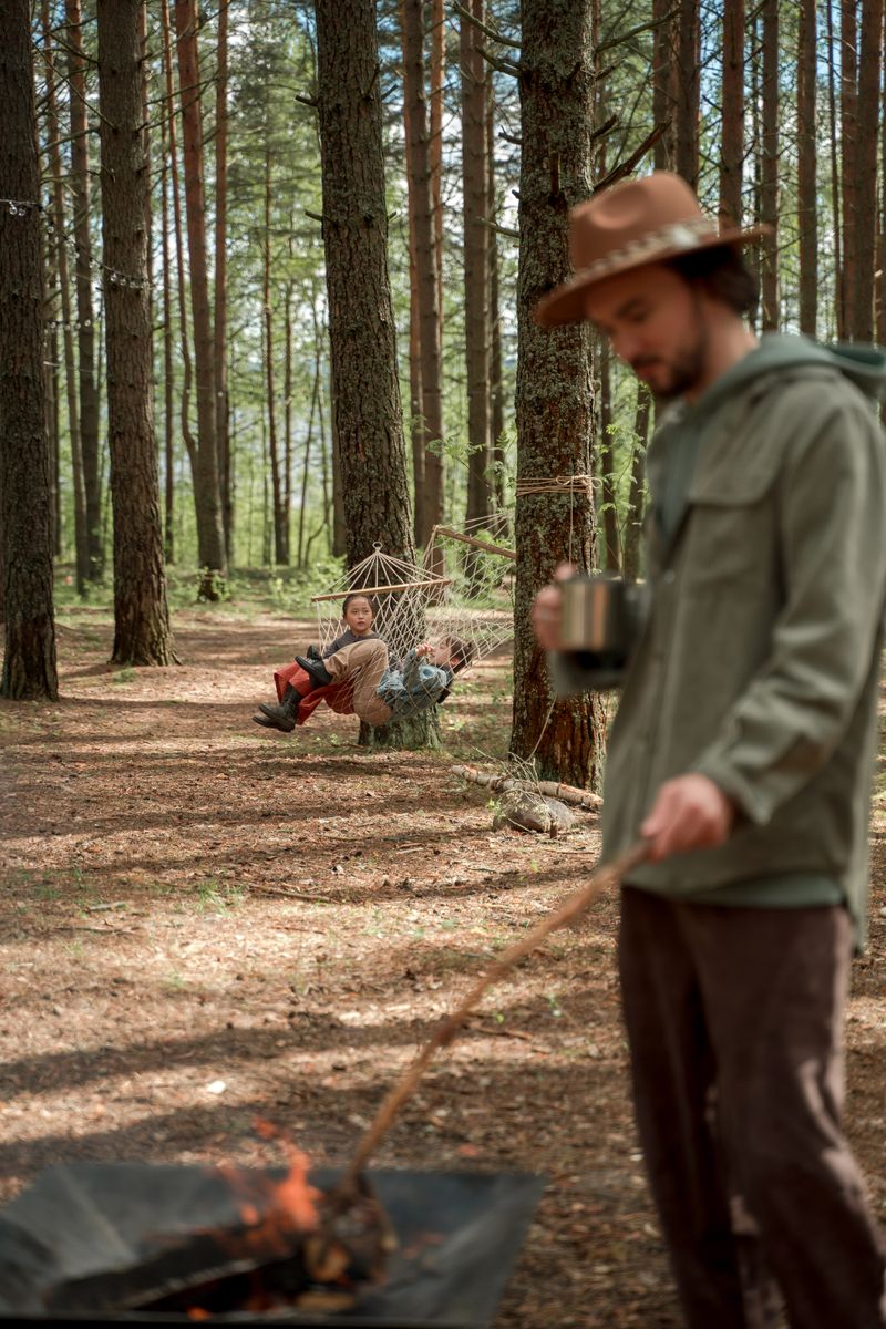 Family camping in a forest