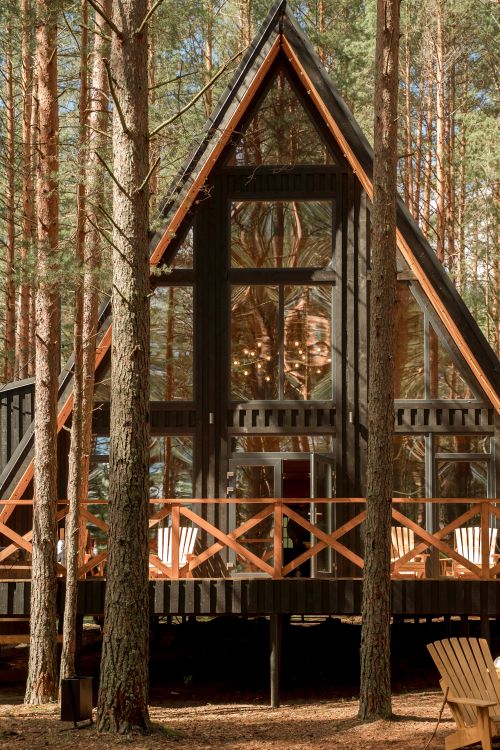 Free A rustic A-frame cabin nestled amidst tall pine trees, perfect for a serene getaway. Stock Photo