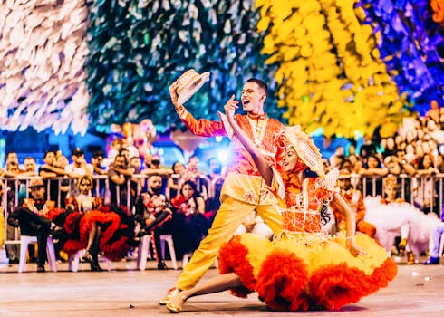 Colorful dancers performing at a traditional Brazilian festival in Campina Grande.