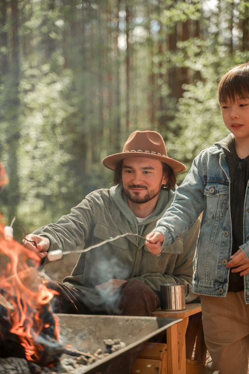 Free A father and son roasting marshmallows over a campfire in a sunlit forest. Stock Photo